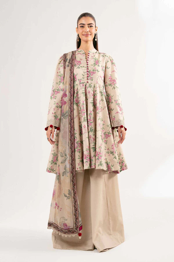 Printed Beige Lawn Suit with Floral Design and Dupatta