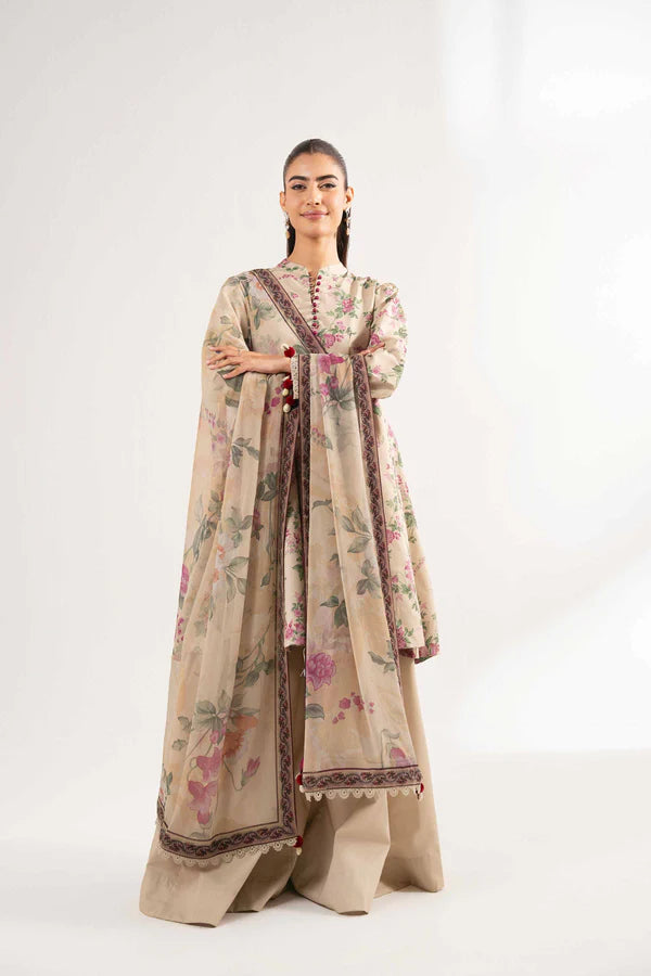 Printed Beige Lawn Suit with Floral Design and Dupatta