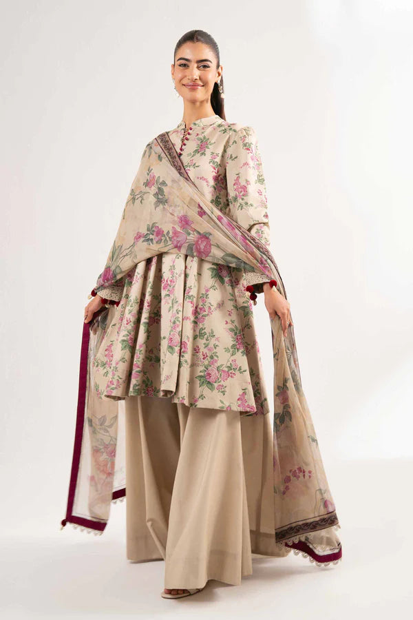 Printed Beige Lawn Suit with Floral Design and Dupatta