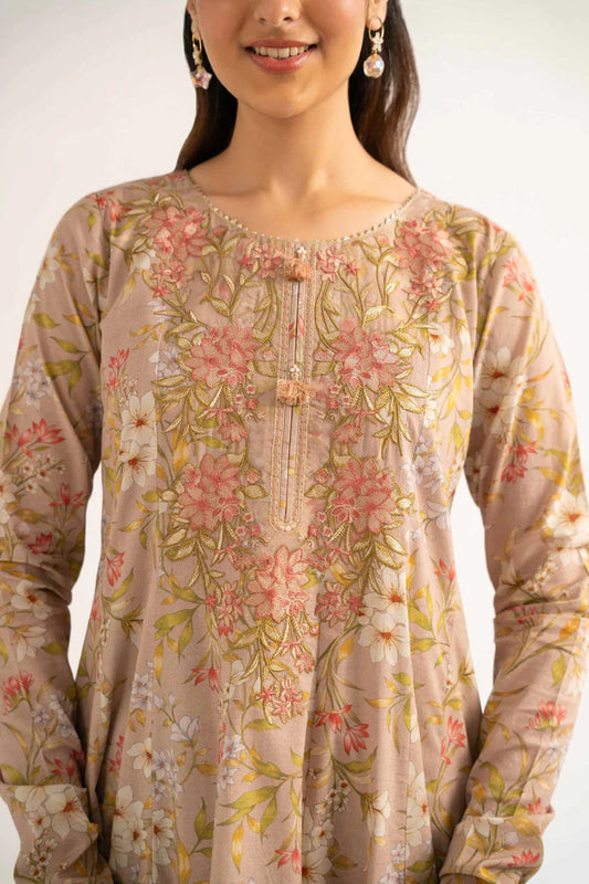 Beige Floral Lawn Suit with Flowing Silhouette and Dupatta