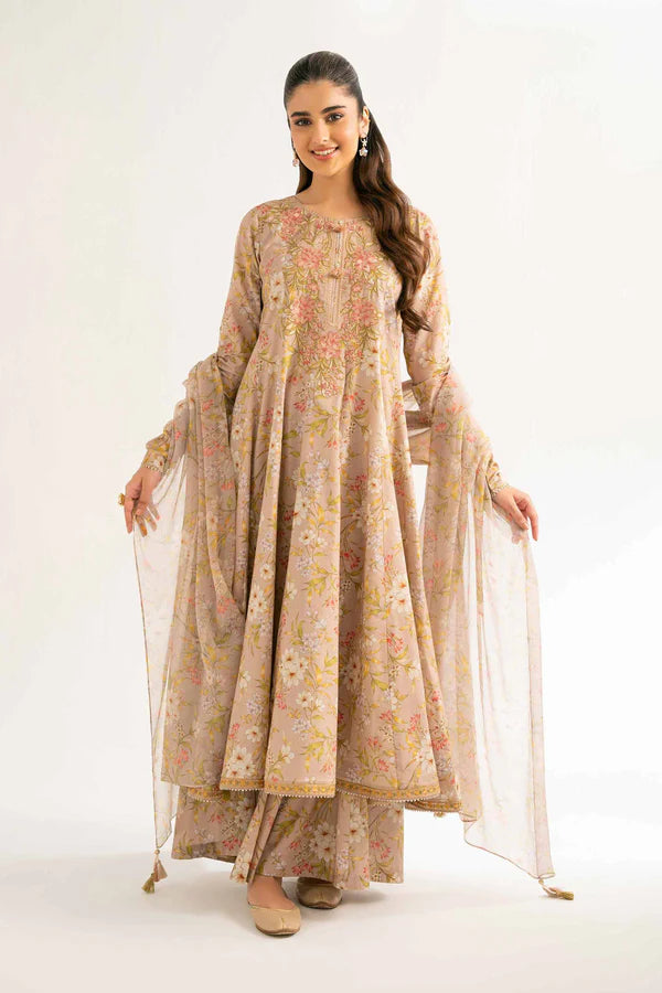 Beige Floral Lawn Suit with Flowing Silhouette and Dupatta