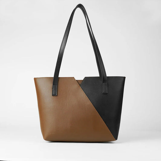Two-Tone Brown and Black Tote Bag with Long Straps