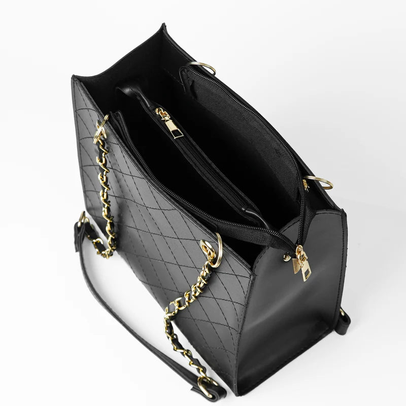 Elegant Black Quilted Tote Bag with Gold Chain Straps
