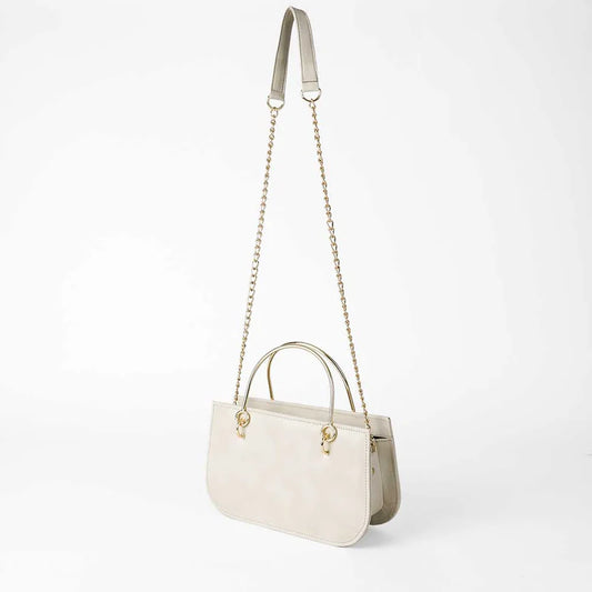 Beige Handbag with Gold Chain Strap and Metal Top Handles