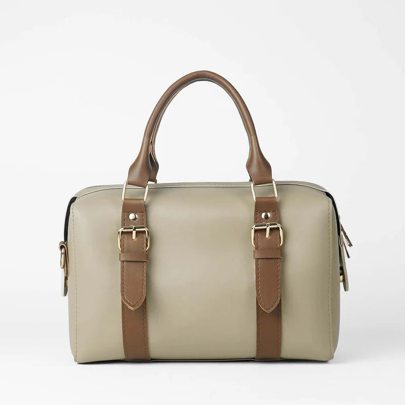 Classic Beige Handbag with Dual Buckle Straps
