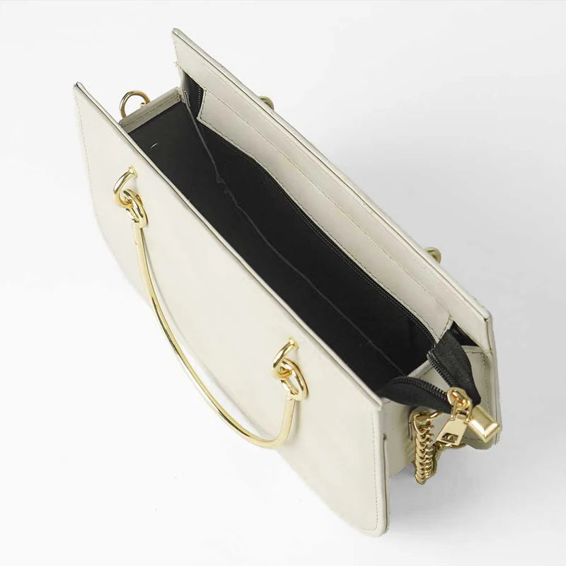 Beige Handbag with Gold Chain Strap and Metal Top Handles