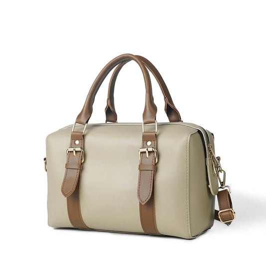 Classic Beige Handbag with Dual Buckle Straps