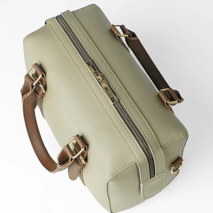 Classic Beige Handbag with Dual Buckle Straps