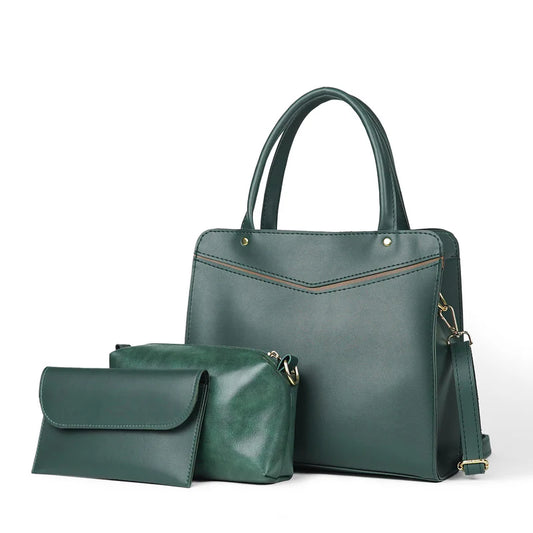 Green Handbag Set with Matching Pouches and Detachable Strap
