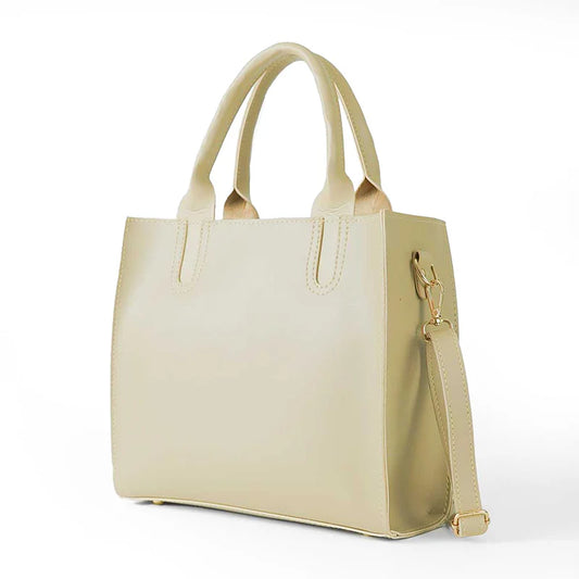 Beige Handbag with Top Handles and Detachable Strap